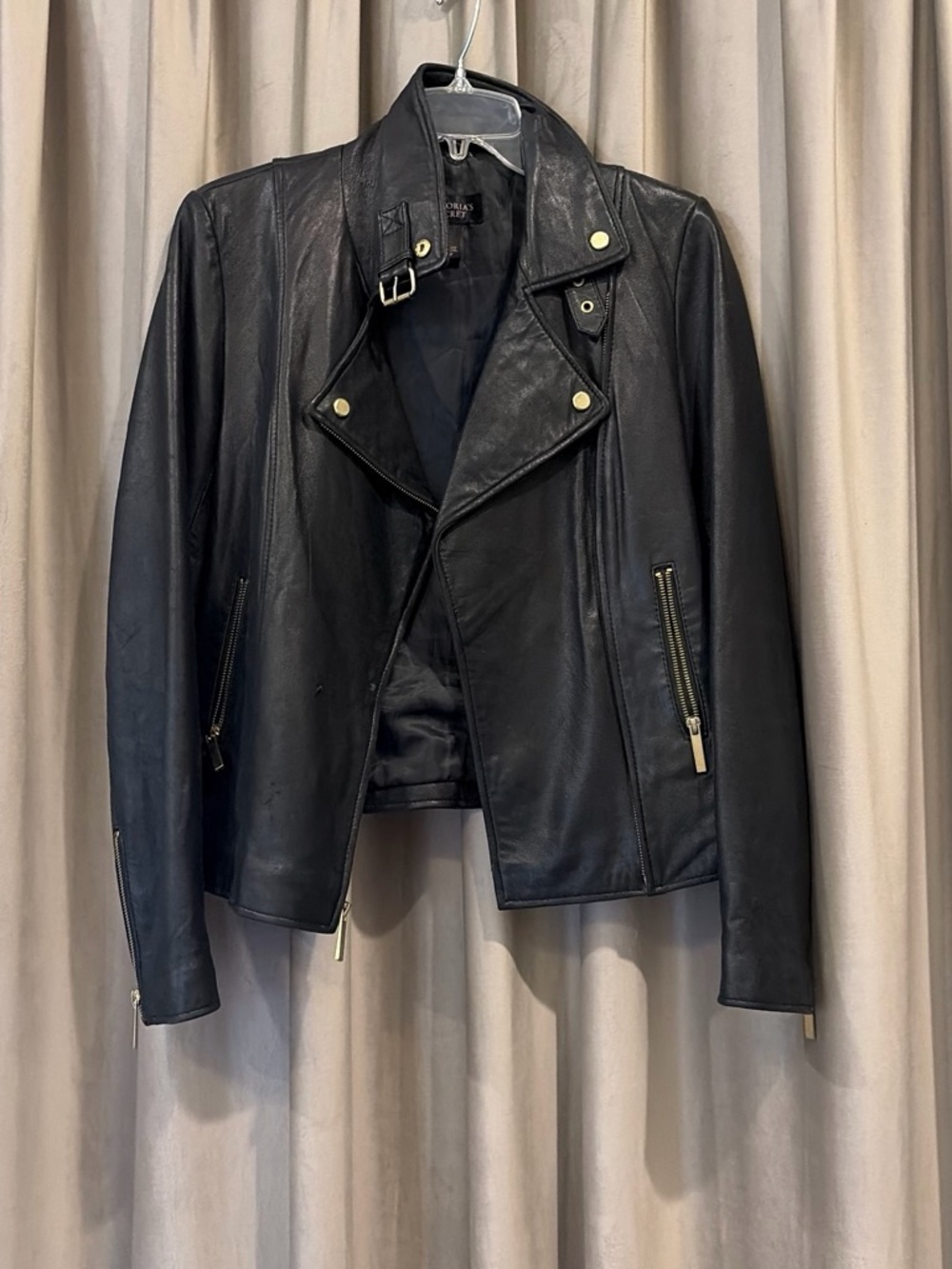 Victoria's Secret Black Leather Moto Jacket with Gold Hardware